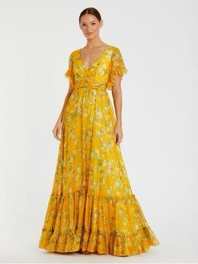Mac Duggal Yellow Floral Wrap Maxi Dress